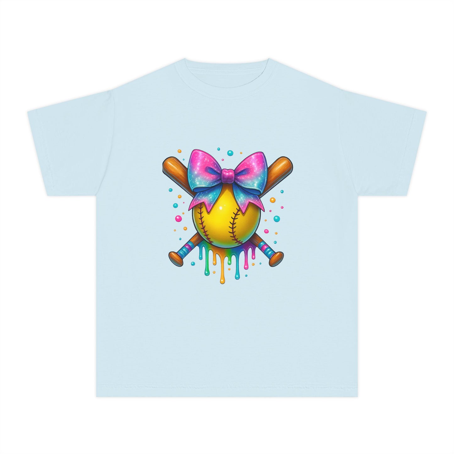 Youth T-Shirt — Colorful Softball with Pink Bow Graphic