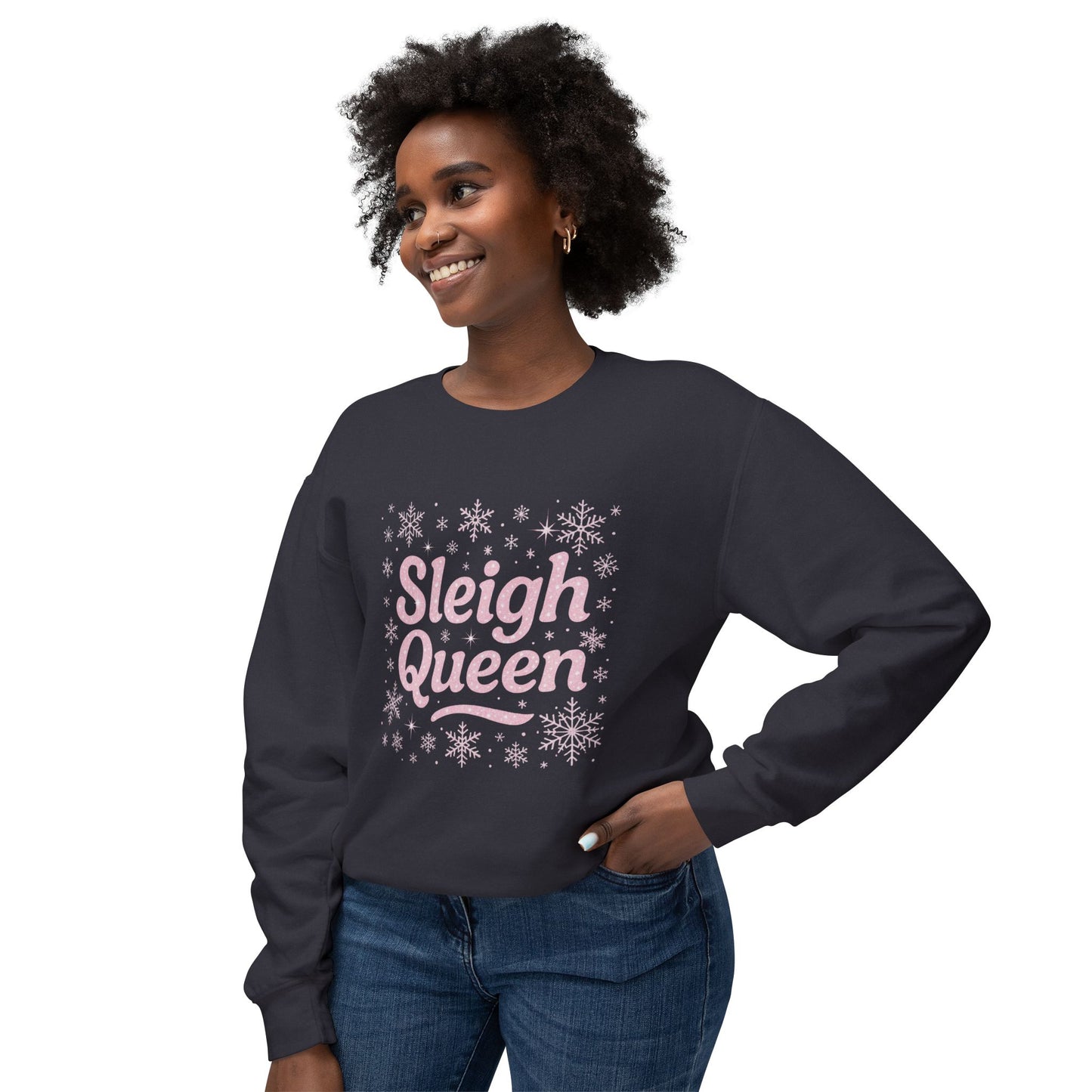 Sleigh Queen Sweatshirt | Pink Script Snowflake Holiday Crewneck