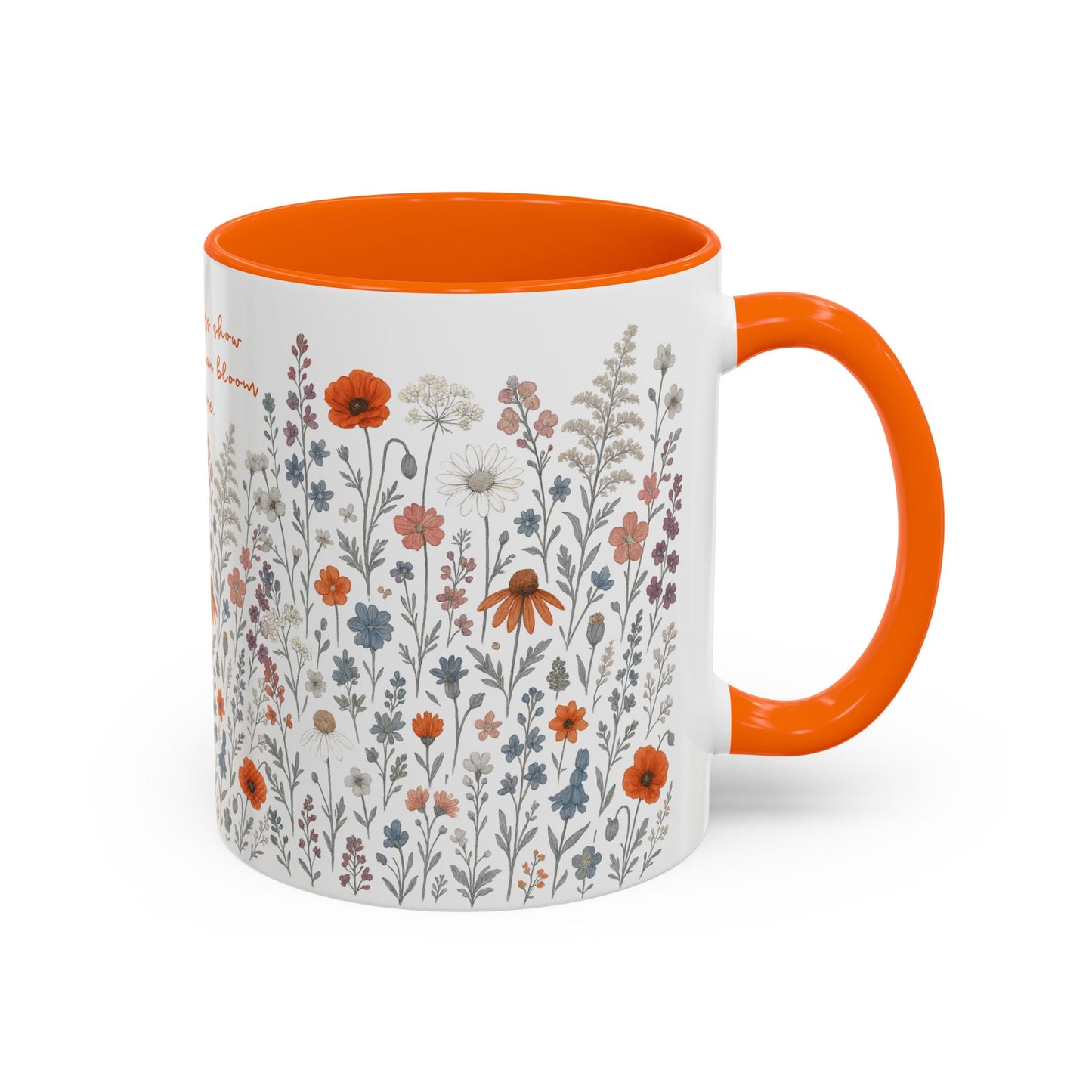 Floral Meadow Accent Coffee Mug — "Wildflowers show beauty can bloom anywhere" (Pink Interior)