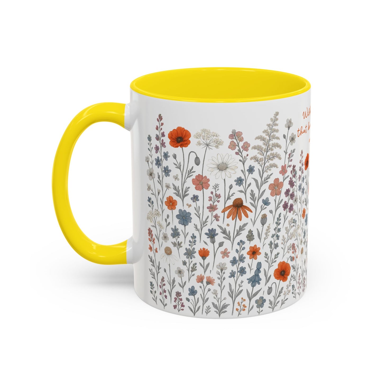 Floral Meadow Accent Coffee Mug — "Wildflowers show beauty can bloom anywhere" (Pink Interior)