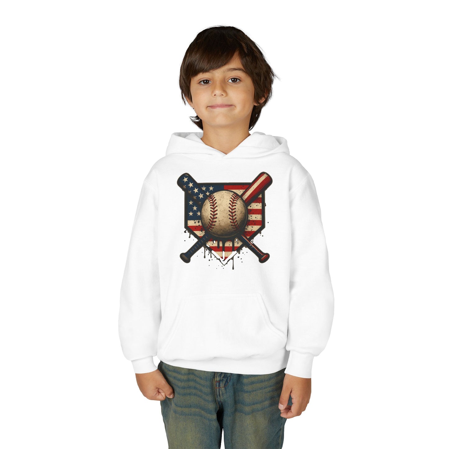 American Flag Baseball Drip with Bats Hoodie | Youth Sports Patriotic Pullover