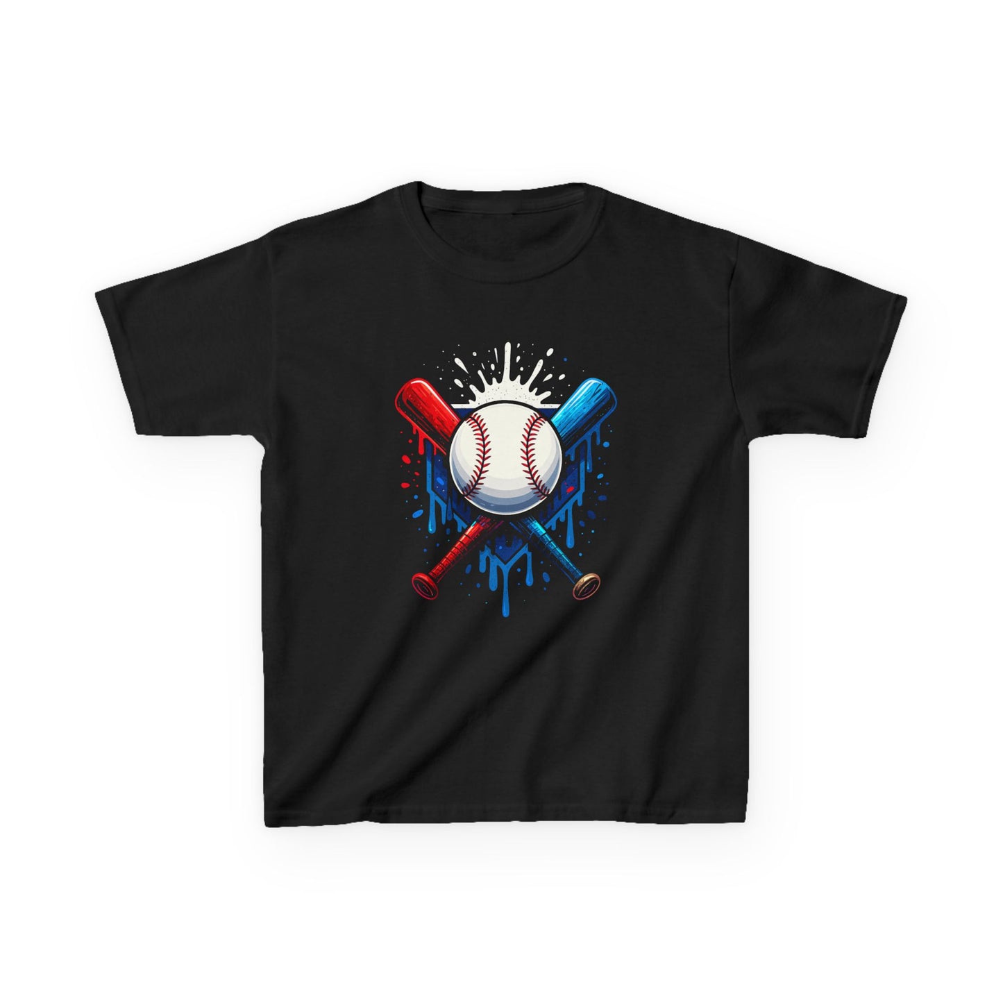 Baseball Crossed Bats Tee | Kids Sports Shirt, Red Blue Drip, Patriotic American Flag Colors