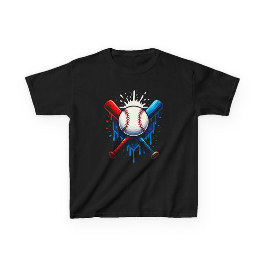 Baseball Crossed Bats Tee | Kids Sports Shirt, Red Blue Drip, Patriotic American Flag Colors