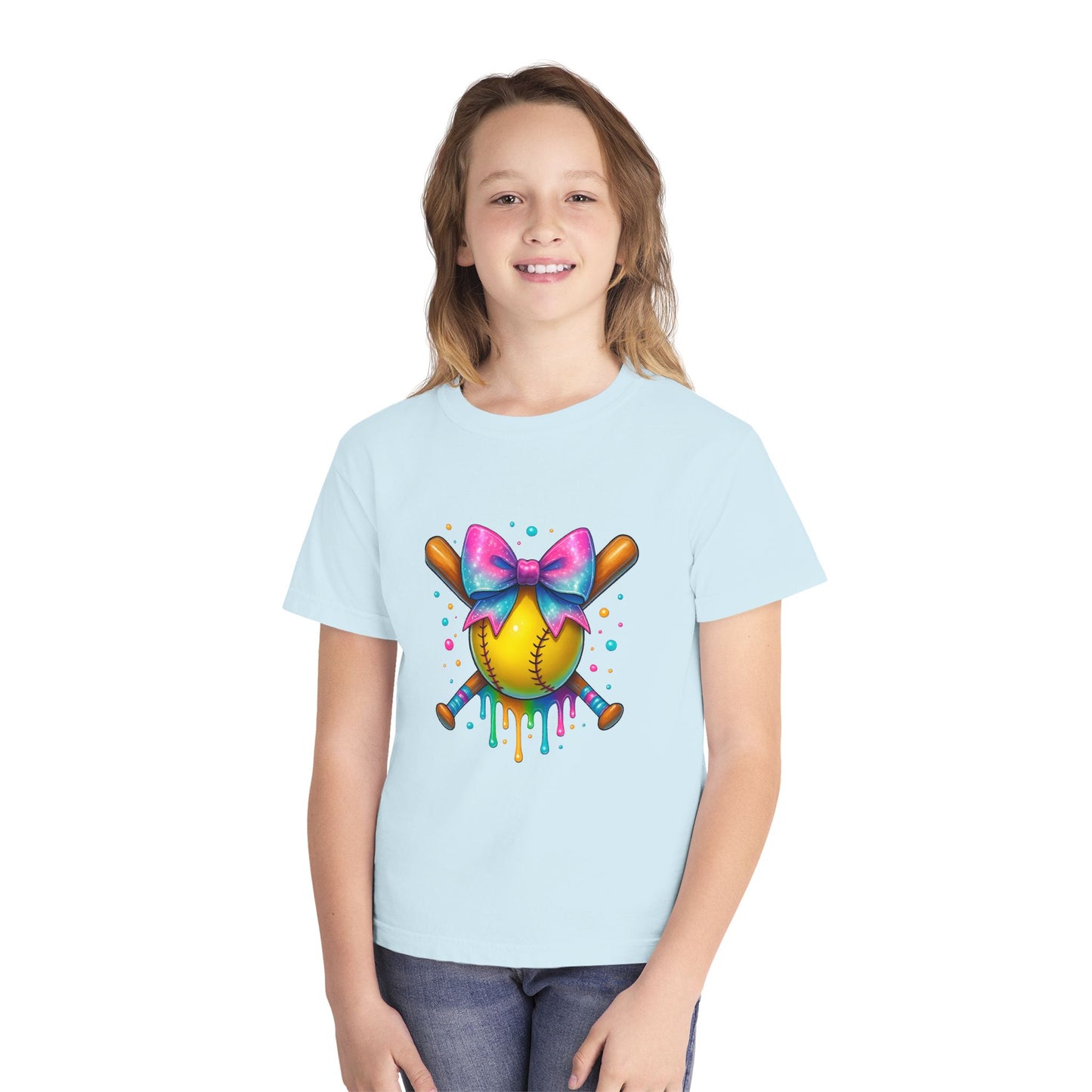 Youth T-Shirt — Colorful Softball with Pink Bow Graphic