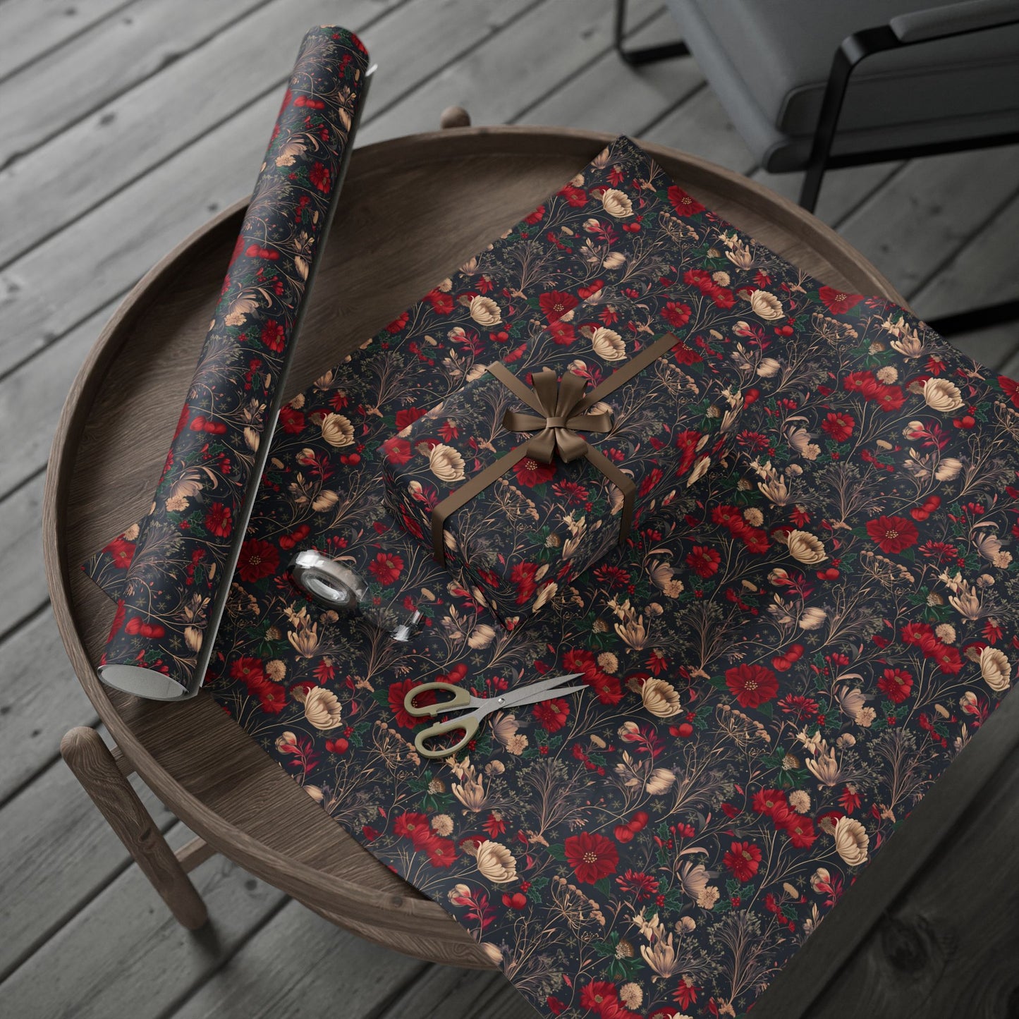 Holiday Poinsettia Wrapping Paper Roll — Dark Floral Christmas Gift Wrap