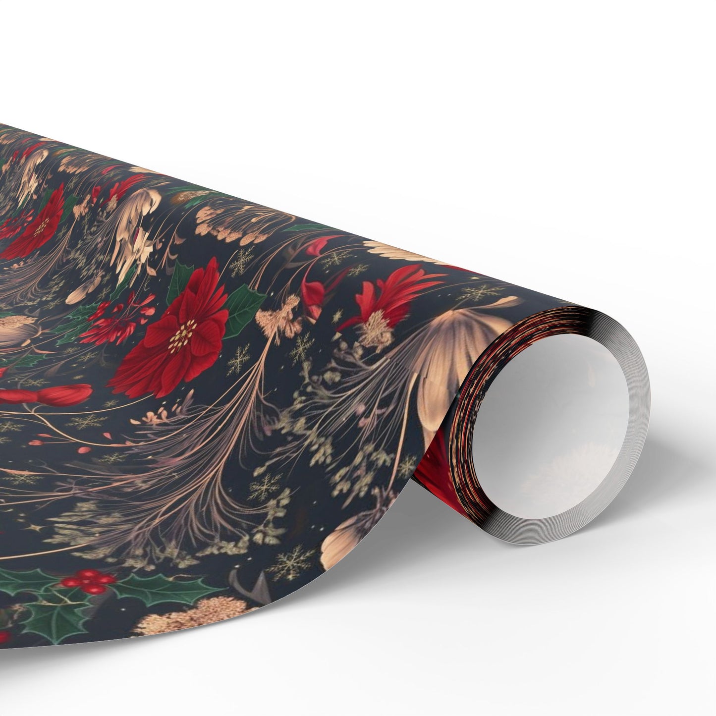 Holiday Poinsettia Wrapping Paper Roll — Dark Floral Christmas Gift Wrap